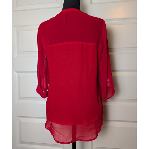 Express Red Blouse Size S Panels Roll up Sleeve Pockets Chic Colorful Career - Picture 3 of 7